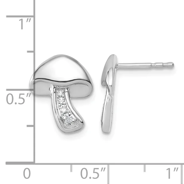 A pair of polished silver curved earrings with diamond accents shown next to a measurement scale indicating approximately one inch in height.