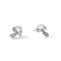 A pair of silver stud earrings shaped like mushrooms with polished rounded caps and textured stems set with small crystals, shown from front and side angles.