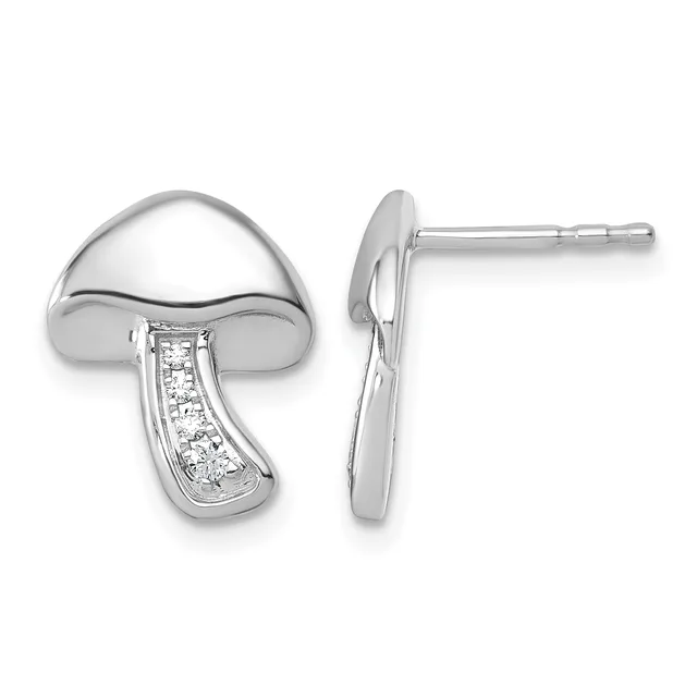 A pair of sterling silver mushroom-shaped stud earrings with diamond accents along the stem, shown from front and side views.