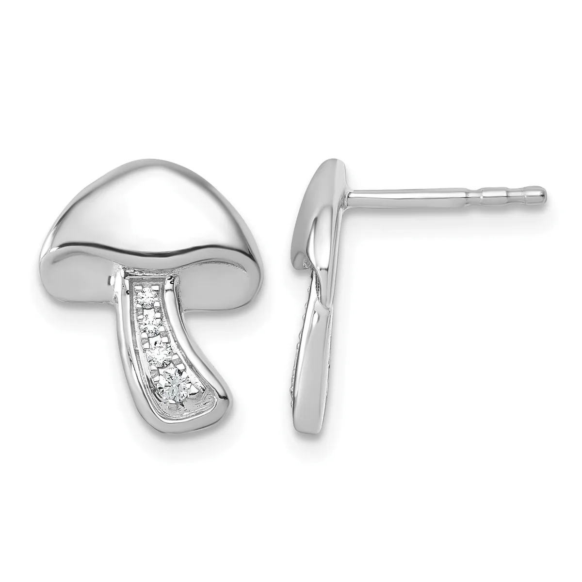 A pair of sterling silver mushroom-shaped stud earrings with diamond accents along the stem, shown from front and side views.