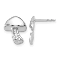A pair of sterling silver mushroom-shaped stud earrings with diamond accents along the stem, shown from front and side views.
