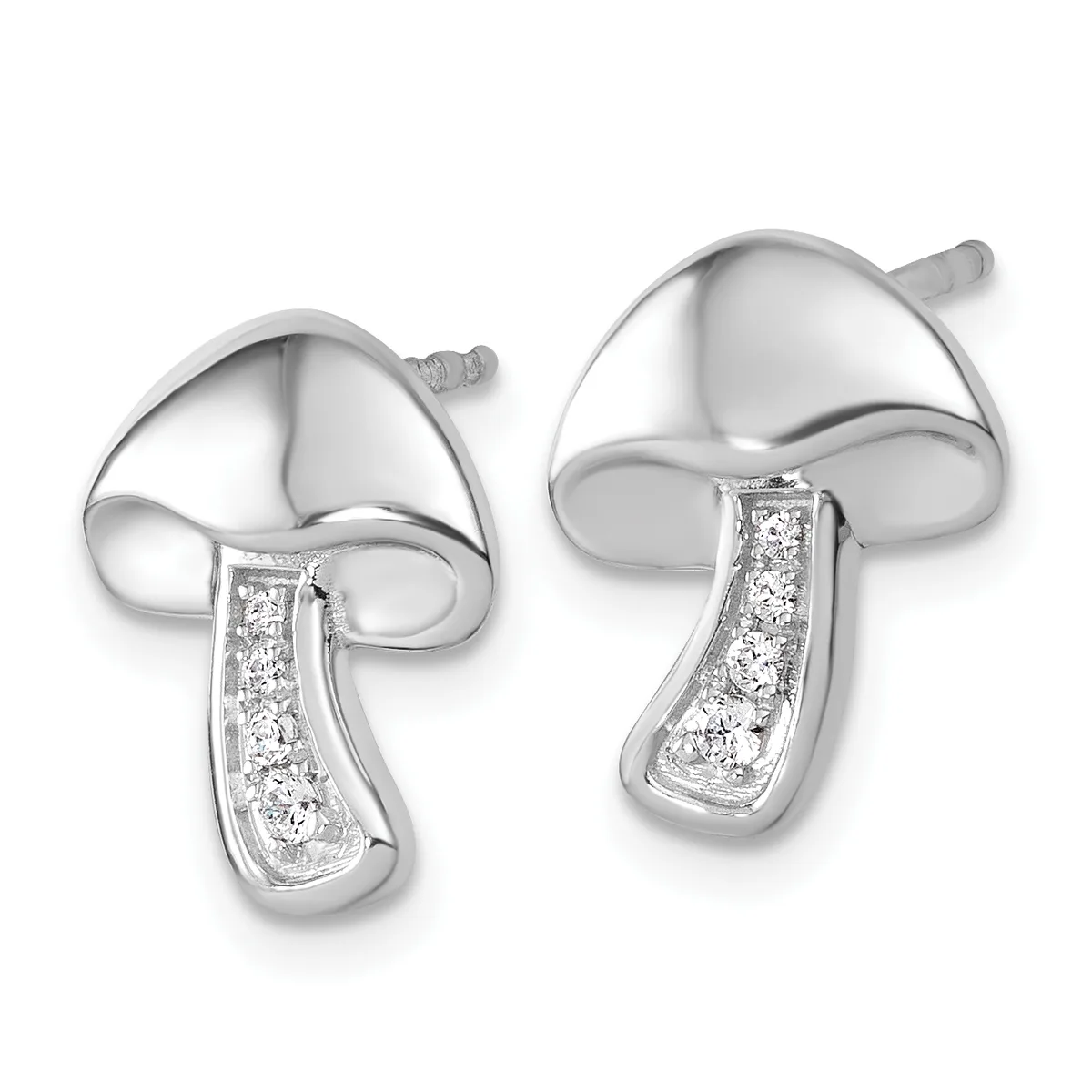 A pair of silver mushroom-shaped stud earrings with polished domed caps and rectangular stems set with small diamonds.