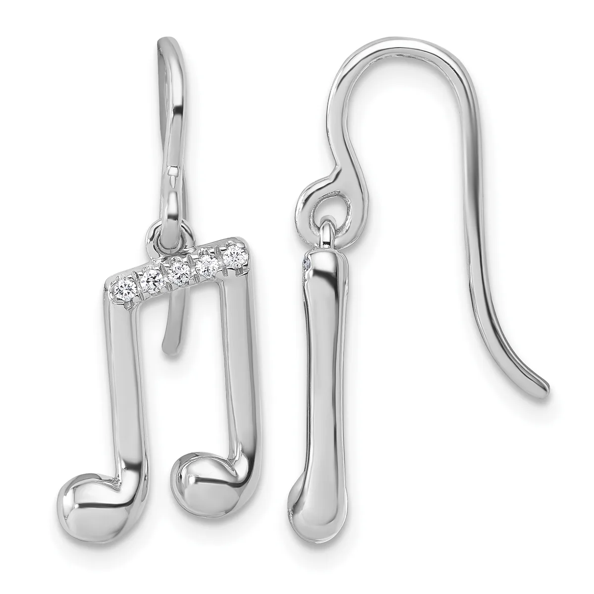 Pair of silver musical note dangle earrings with cubic zirconia accents on the top note, displayed on a white background.