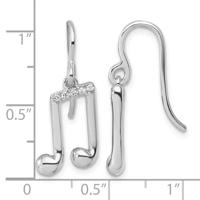 Pair of silver musical note earrings with diamond accents on the upper curve, shown with a measurement scale indicating approximately one inch in length.