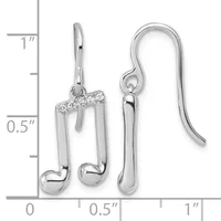 Pair of silver musical note earrings with diamond accents on the upper curve, shown with a measurement scale indicating approximately one inch in length.