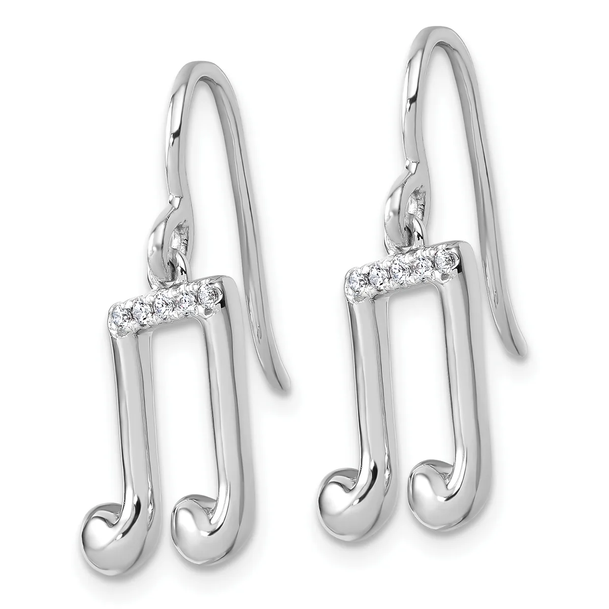 Pair of silver earrings with curved hook findings and diamond-set rectangular bars at the top, displayed against a white background.