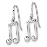 Pair of silver earrings with curved hook findings and diamond-set rectangular bars at the top, displayed against a white background.