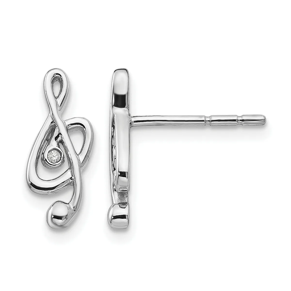Pair of silver stud earrings featuring a treble clef design with a small diamond accent, shown from front and side views.
