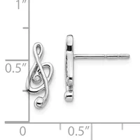 Silver treble clef stud earrings with a small diamond accent, shown front and side view with a measurement scale indicating approximately 0.5 inches in height.