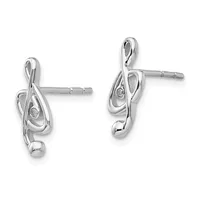 A pair of silver stud earrings with twisted teardrop-shaped loops and small round balls at the bottom, each featuring a small diamond or gemstone accent.