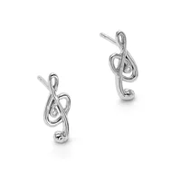 A pair of silver treble clef earrings with small diamond accents and post backs, displayed against a white background.