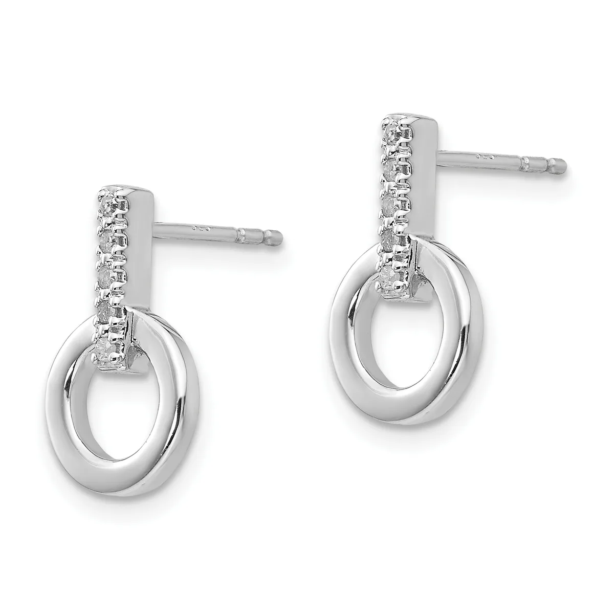 A pair of silver drop earrings with diamond-set rectangular posts and polished oval rings hanging below, shown from the front.