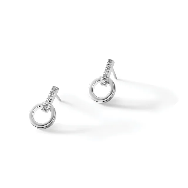 A pair of silver drop earrings with diamond-paved bars suspended from polished circular loops, displayed on a white surface.