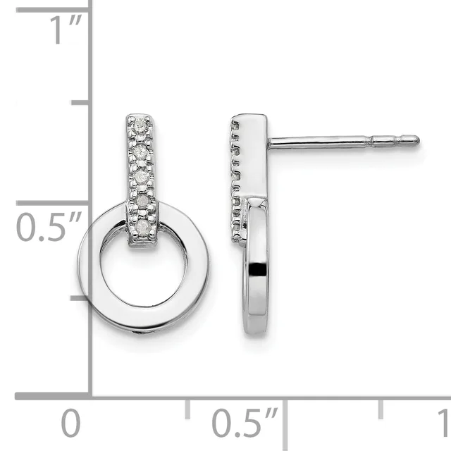 Pair of silver stud earrings featuring diamond-paved rectangular tops connected to polished circular drops, displayed against a measurement scale.