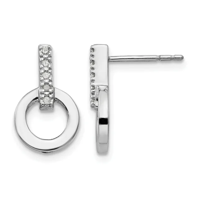 Pair of silver drop earrings with diamond-set rectangular tops and polished circular hoops, shown from front and side views.