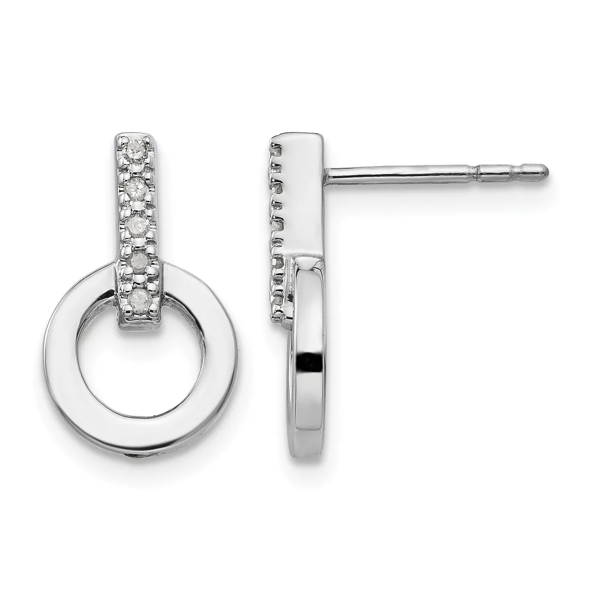 Pair of silver drop earrings with diamond-set rectangular tops and polished circular hoops, shown from front and side views.