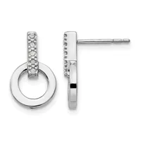 Pair of silver drop earrings with diamond-set rectangular tops and polished circular hoops, shown from front and side views.