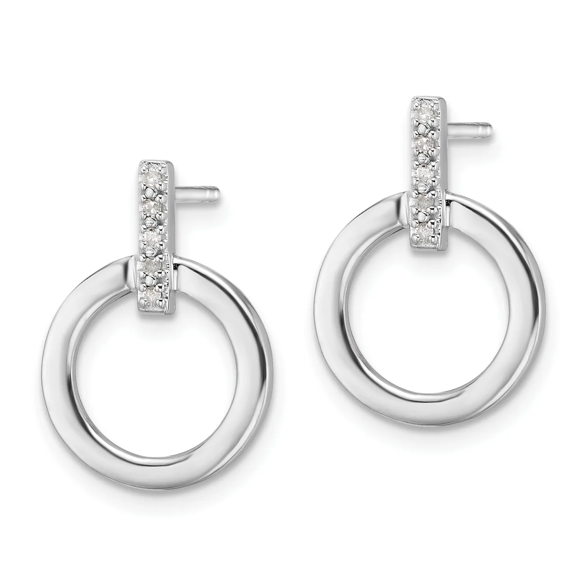 Pair of silver drop earrings with diamond-paved rectangular posts and polished circular rings, shown against a white background.