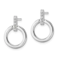 Pair of silver drop earrings with diamond-paved rectangular posts and polished circular rings, shown against a white background.