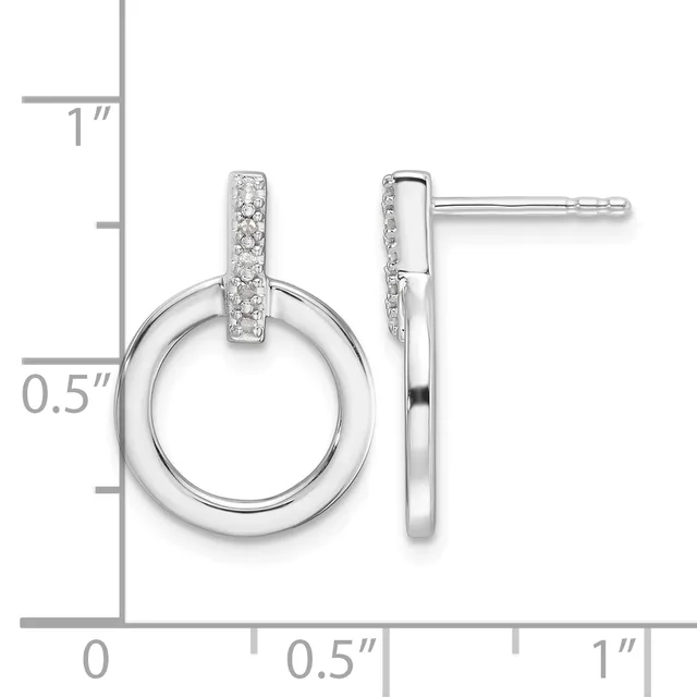 Silver drop earrings with circular open rings and rectangular crystal-paved tops, shown front and side view with measurement scale.