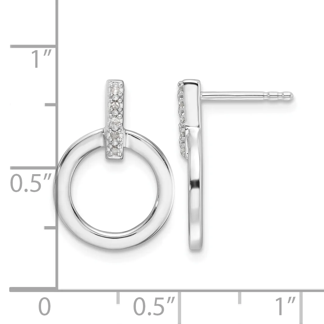 Silver drop earrings with circular open rings and rectangular crystal-paved tops, shown front and side view with measurement scale.
