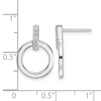 Silver drop earrings with circular open rings and rectangular crystal-paved tops, shown front and side view with measurement scale.