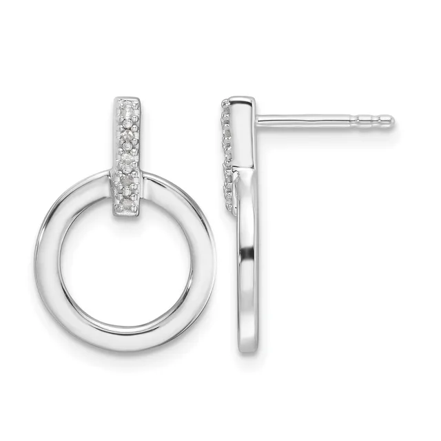 Pair of silver circular drop earrings with diamond-set rectangular posts and polished hollow rings, shown from front and side views.