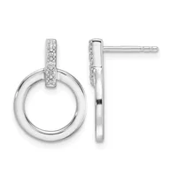 Pair of silver circular drop earrings with diamond-set rectangular posts and polished hollow rings, shown from front and side views.