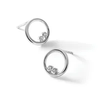 A pair of silver circular stud earrings with two small bezel-set diamonds positioned inside each ring, shown at slight angles against a white background.