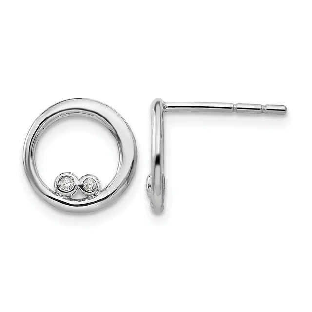 Pair of silver circular stud earrings with two small round diamonds set at the bottom of each circle, shown from front and side views.