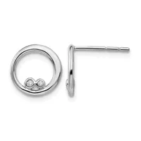 Pair of silver circular stud earrings with two small round diamonds set at the bottom of each circle, shown from front and side views.