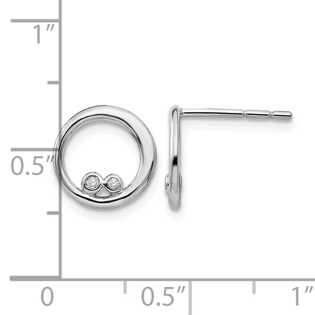 Silver circular earrings with small diamond studs in the center, shown from front and side view against a measurement scale.