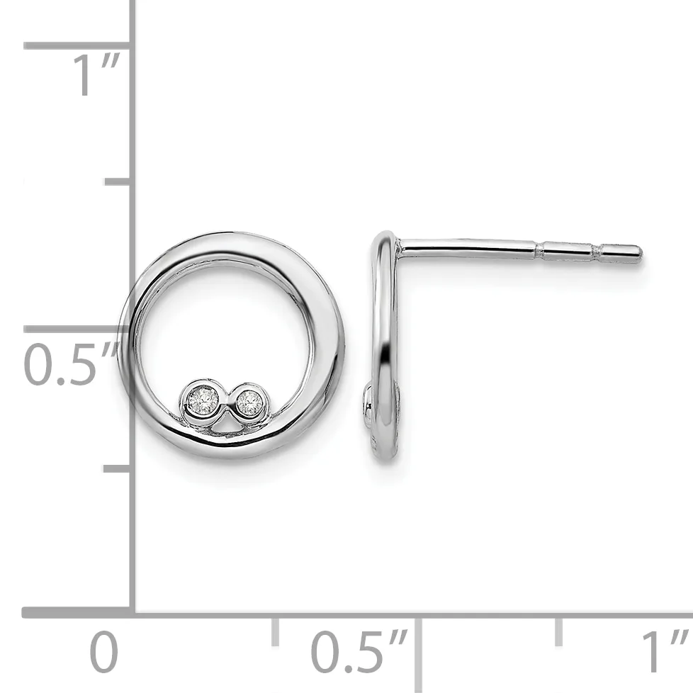 Silver circular earrings with small diamond studs in the center, shown from front and side view against a measurement scale.
