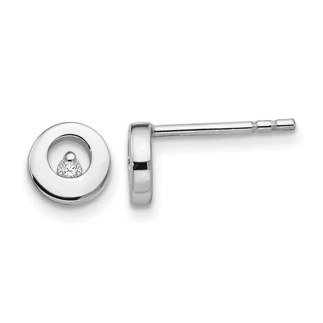 Pair of silver stud earrings with circular bezels containing round diamonds, shown from front and side views.