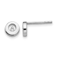 Pair of silver stud earrings with circular bezels containing round diamonds, shown from front and side views.