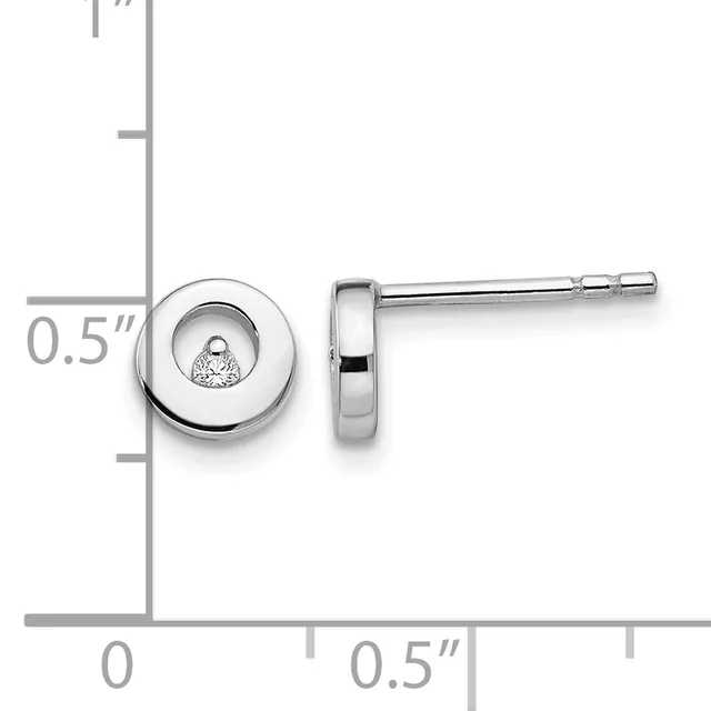 Two stainless steel stud earrings with round bezels containing small round diamonds, shown front and side view with a measurement scale indicating 0.5 inches.