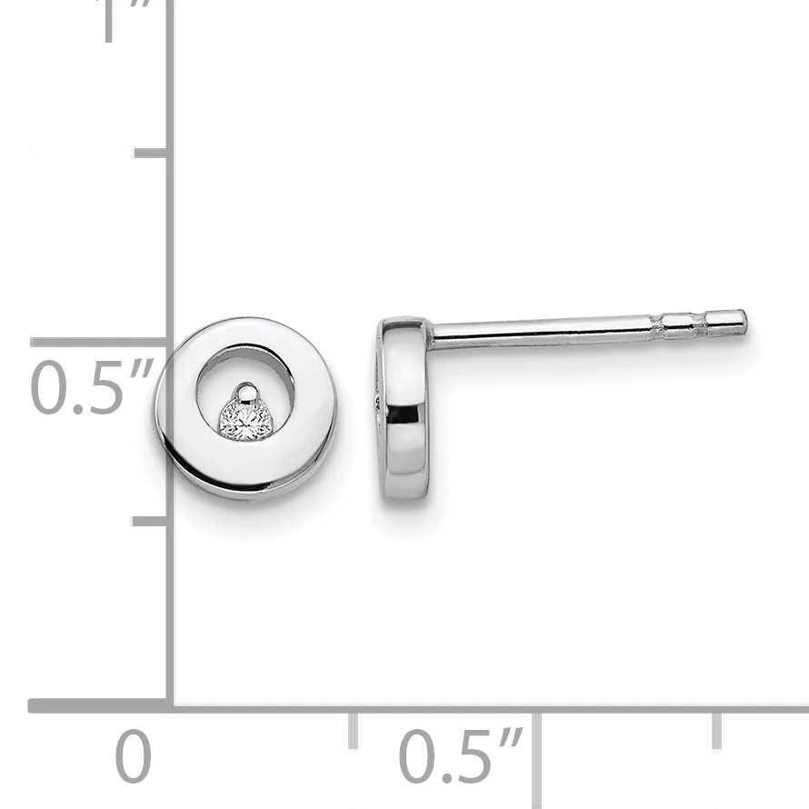 Two stainless steel stud earrings with round bezels containing small round diamonds, shown front and side view with a measurement scale indicating 0.5 inches.