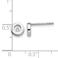 Two stainless steel stud earrings with round bezels containing small round diamonds, shown front and side view with a measurement scale indicating 0.5 inches.