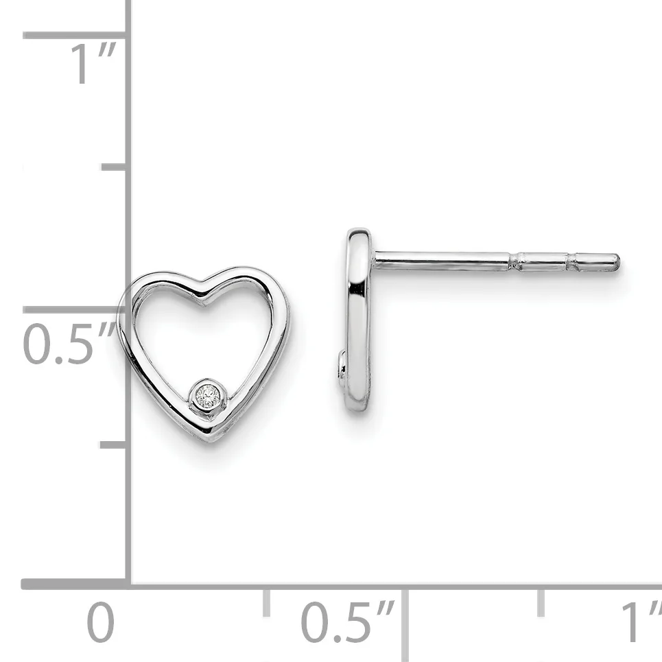 A pair of silver heart-shaped stud earrings with small diamonds, shown next to a measurement ruler indicating approximately half-inch height.