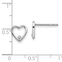 A pair of silver heart-shaped stud earrings with small diamonds, shown next to a measurement ruler indicating approximately half-inch height.