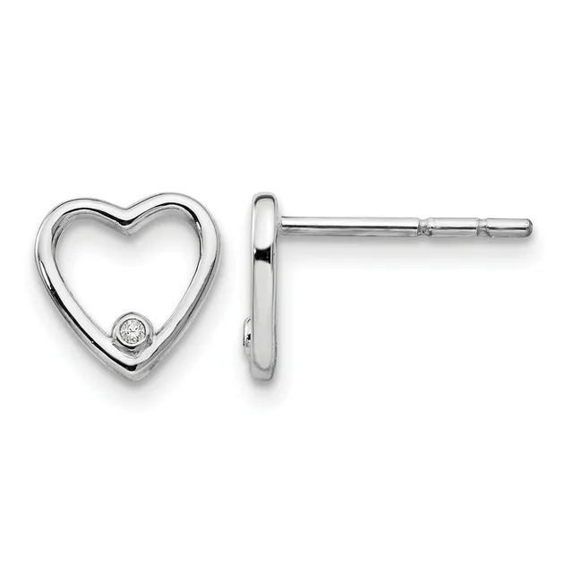 A pair of silver heart-shaped stud earrings with small diamond accents, shown from front and side views.
