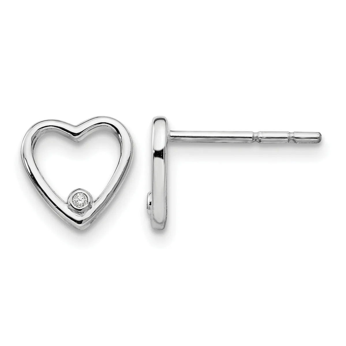 A pair of silver heart-shaped stud earrings with small diamond accents, shown from front and side views.