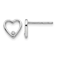 A pair of silver heart-shaped stud earrings with small diamond accents, shown from front and side views.