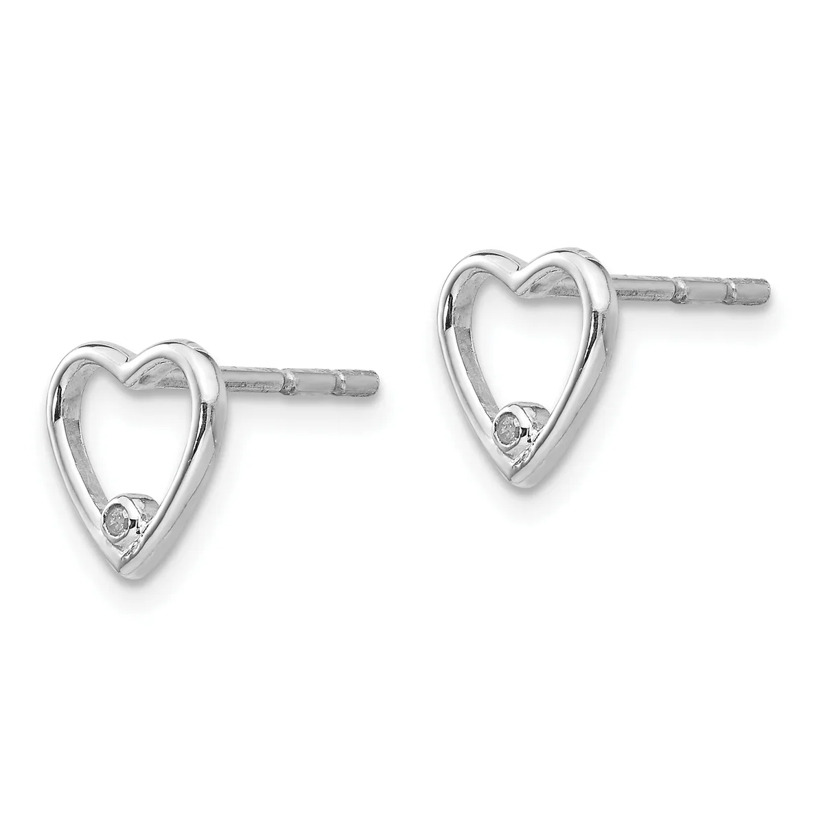 Pair of silver heart-shaped stud earrings with small diamond accents at the bottom, displayed against a white background.