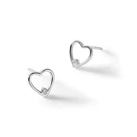 A pair of silver heart-shaped stud earrings with small round diamonds set at the bottom of each heart, displayed against a white background.