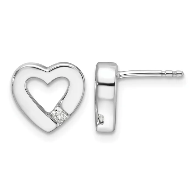 Pair of silver heart stud earrings with cutout heart centers and small diamond accents, shown from front and side views.