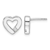 Pair of silver heart stud earrings with cutout heart centers and small diamond accents, shown from front and side views.