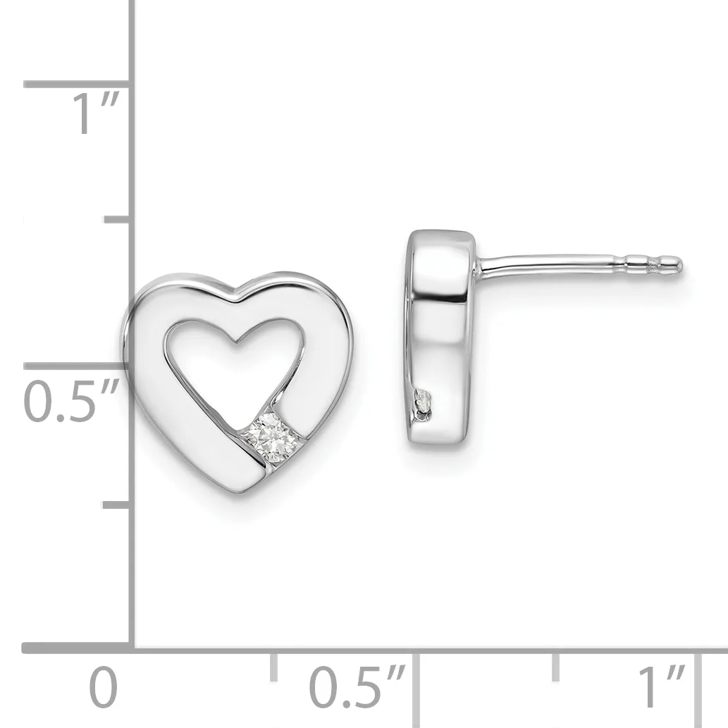 Silver heart stud earrings with cutout heart designs and small diamond accents, shown with measurement scale indicating approximately 0.5 inches in height.