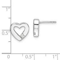 Silver heart stud earrings with cutout heart designs and small diamond accents, shown with measurement scale indicating approximately 0.5 inches in height.