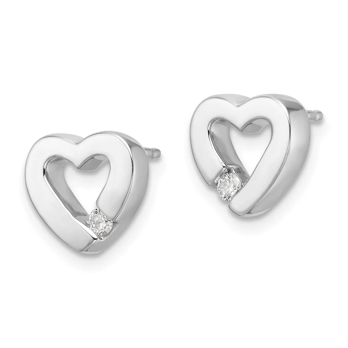 A pair of silver heart-shaped stud earrings, each featuring a cutout heart design with a small diamond accent at the bottom.